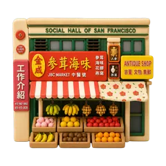 Clay-style rendering of JBC Market in San Francisco Chinatown